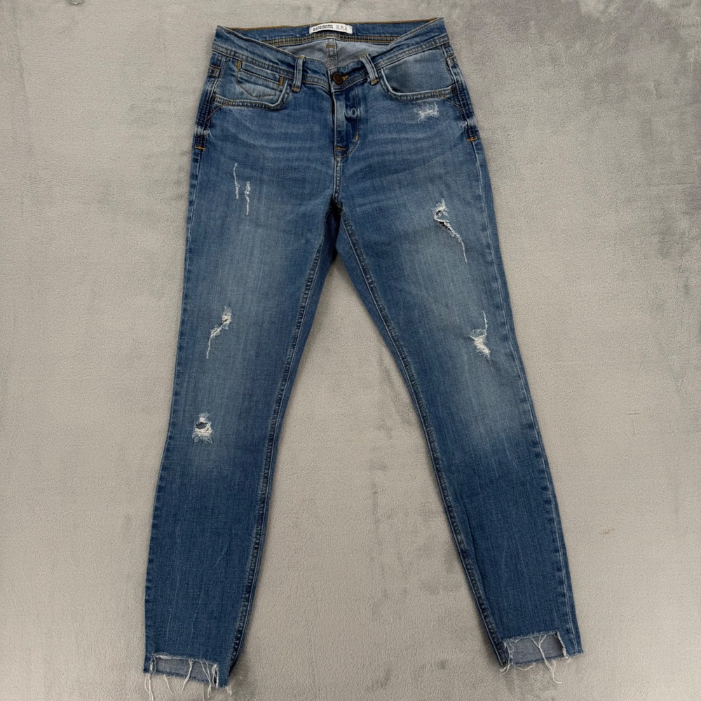 ZARA BASIC Distressed Blue Denim‎ Jeans Women's Size 28 Cropped Raw Hem